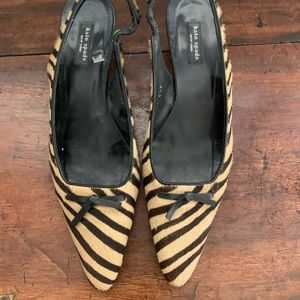 Kate Spade pony hair animal print kitten heel sling back pumps.